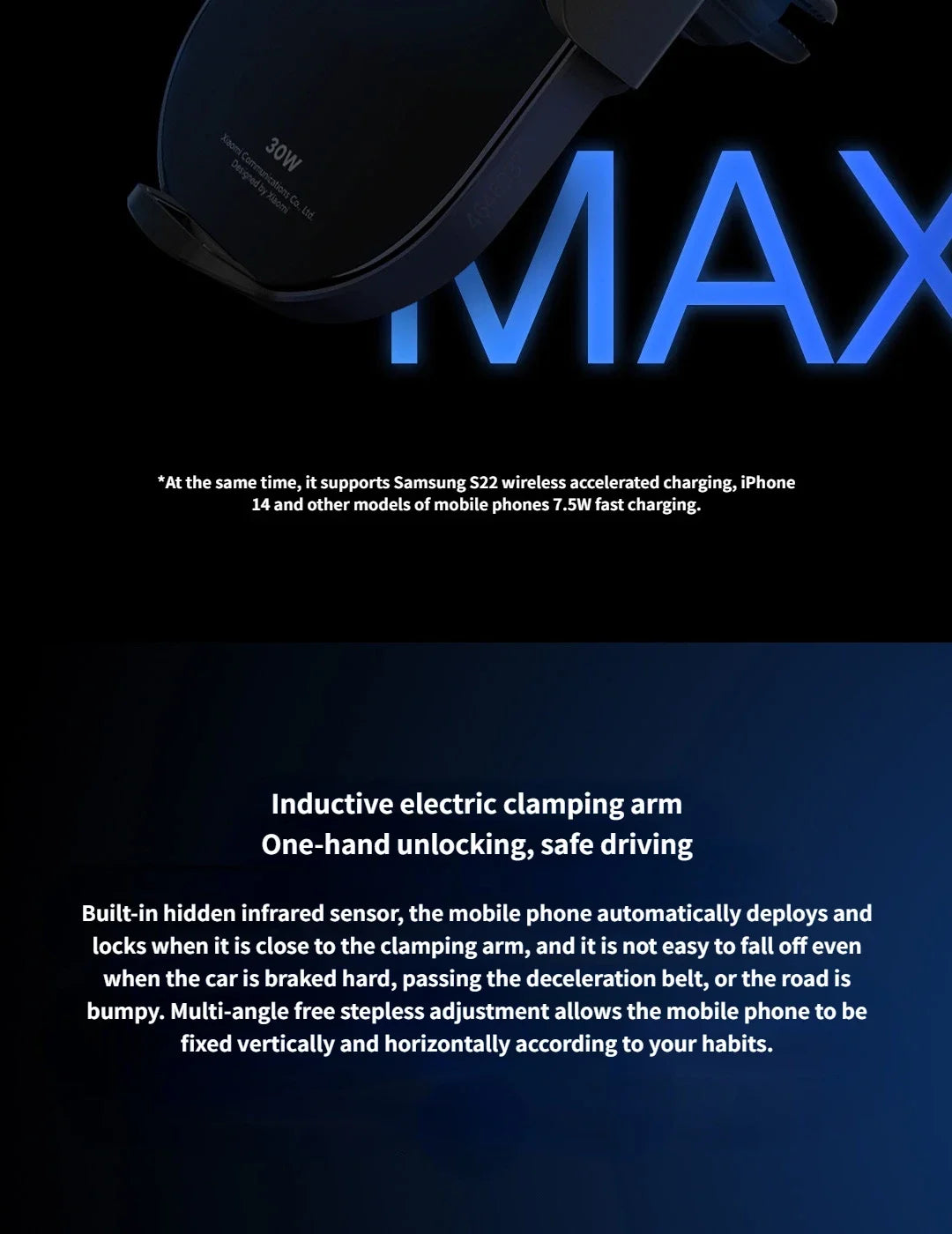 Xiaomi 30W Wireless Car Charger – Smart Auto-Clamp Fast Charging Phone Holder