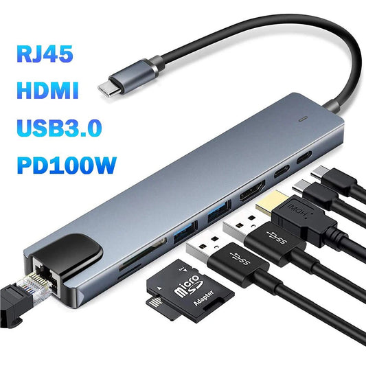 Type-C Hub 8-Port – 4K HDMI, LAN, USB 3.0, SD/TF, 100W PD Adapter