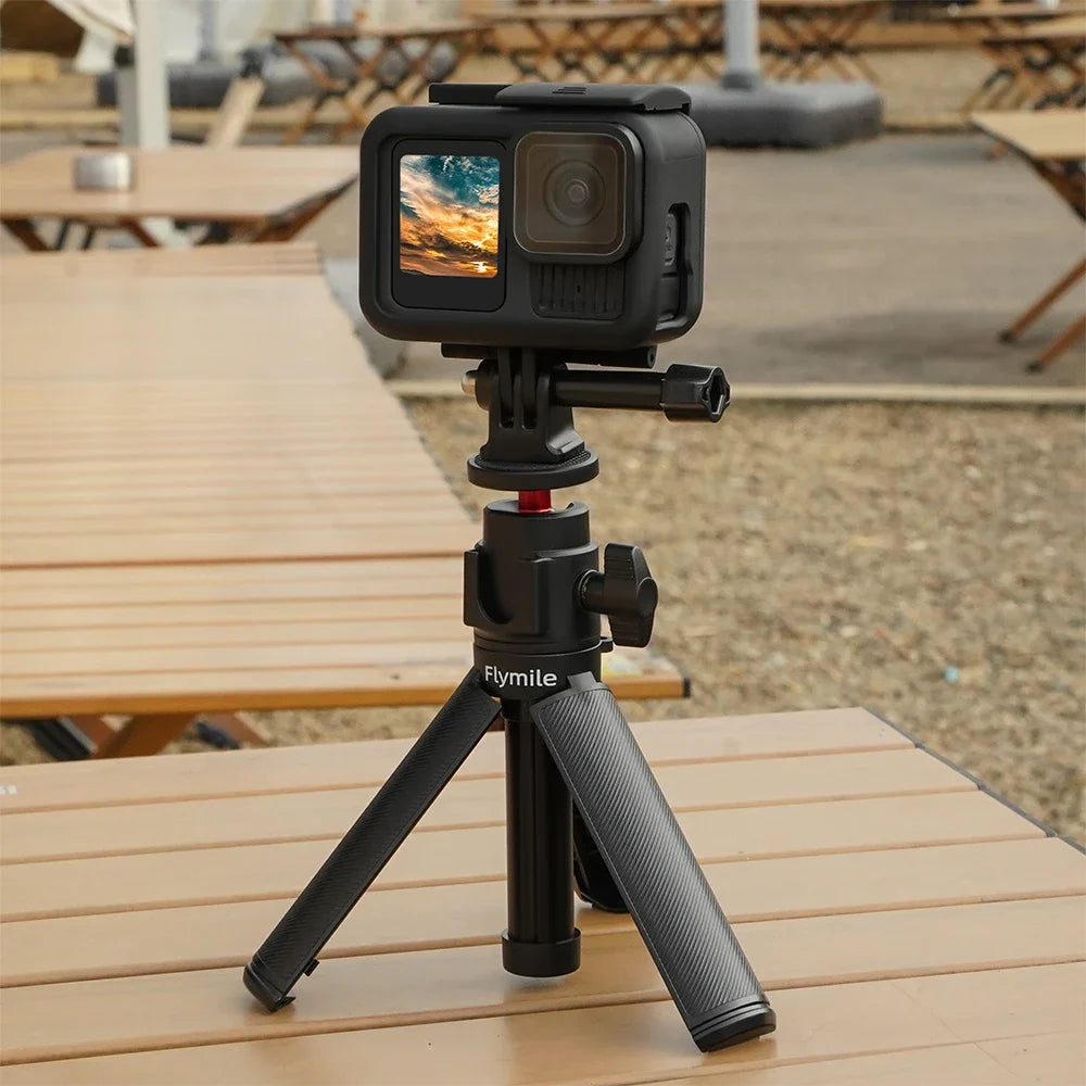 Adjustable Selfie Stick Tripod – Mini Table Tripod with Cold Shoe for GoPro & Insta360