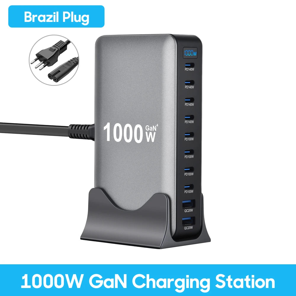Ultra-Power 1000W GaN Desktop Charger – 10-Port Fast Charging Station