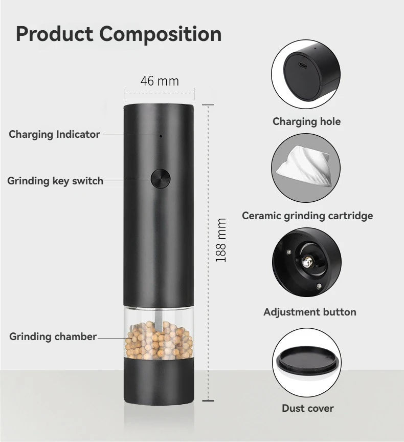 Electric Salt & Pepper Grinder – USB Rechargeable Automatic Spice Mill with Adjustable Grind