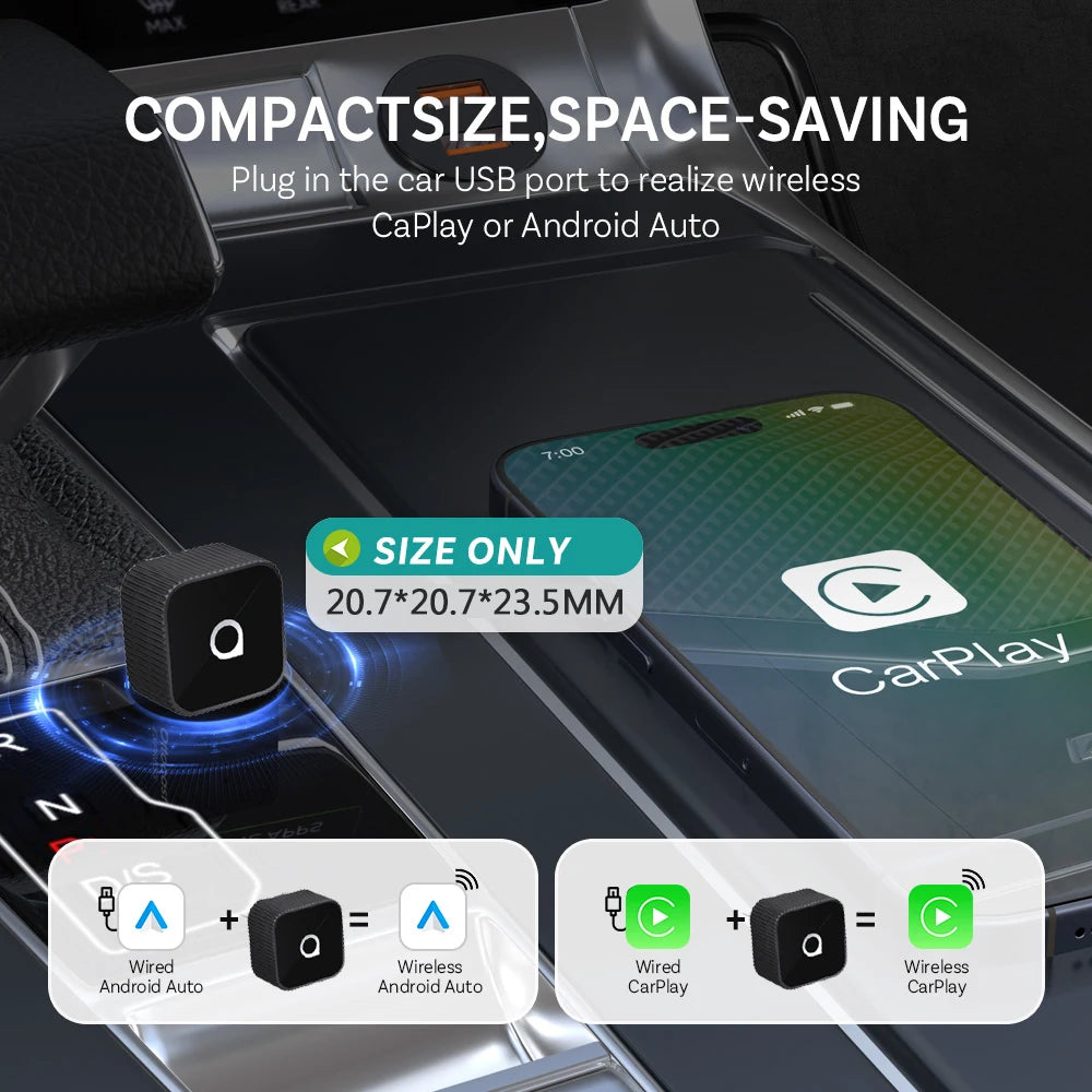 OTTOCAST Mini Slim Wireless CarPlay & Android Auto Adapter – Plug & Play BT 5.0, Linux System (For Wired CarPlay Cars Only)