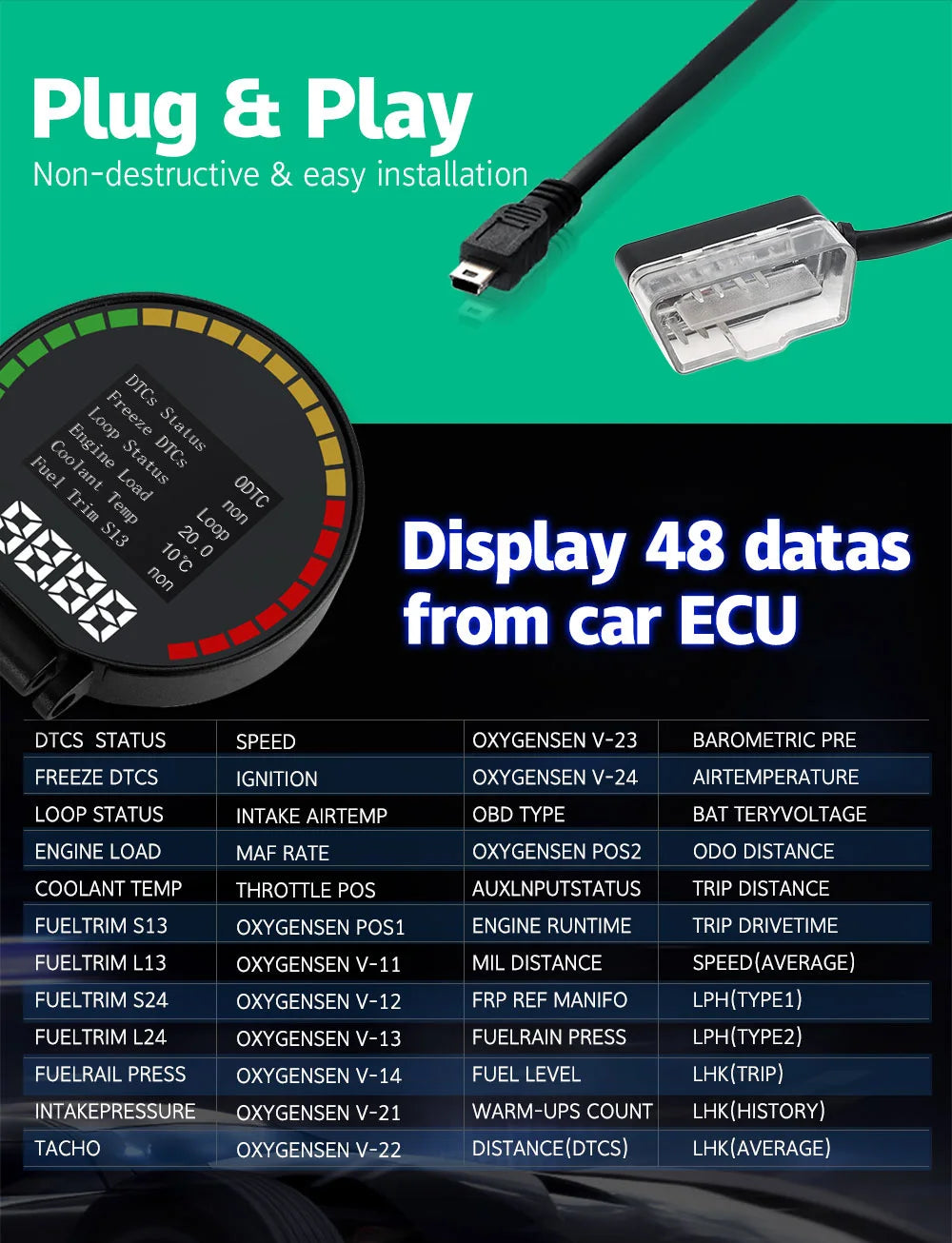 P15 OBD Smart Head-Up Display – Digital Speedometer, RPM, Water & Oil Temperature, Turbo Pressure, OBD2 Multi-Function HUD