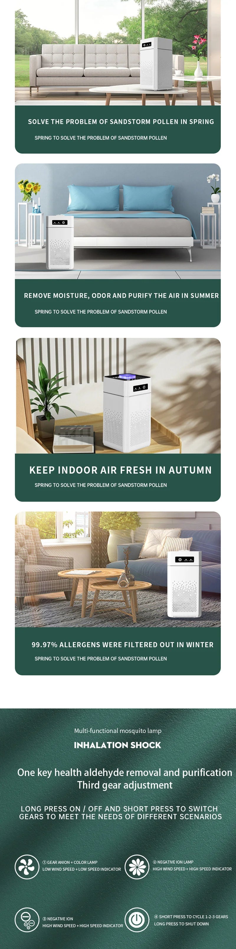 ROFAELEC High-Power Air Purifier – 300m³/h HEPA Filtration, Solar & USB, Ultra-Quiet