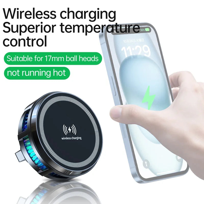 15W Magnetic Wireless Charger Car Mount with Semiconductor Cooling & RGB