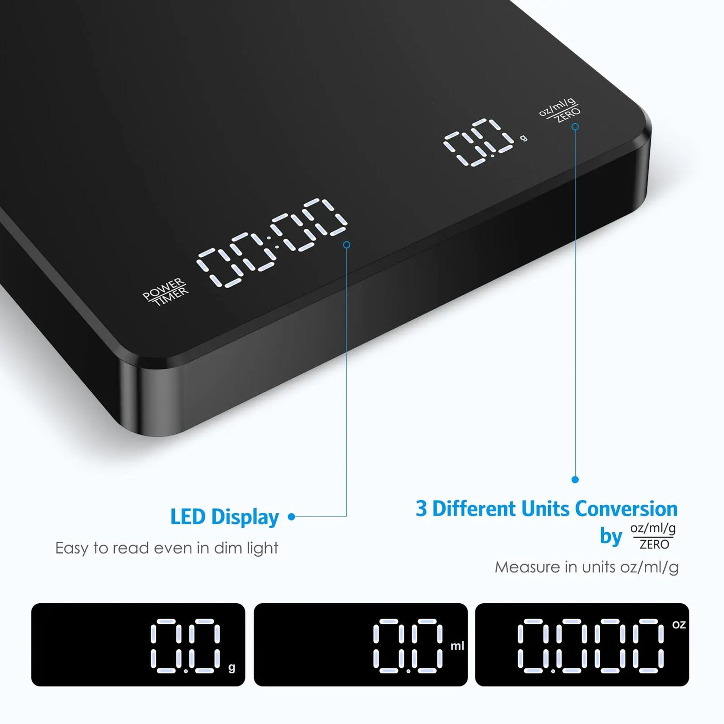 High Precision Coffee Scale 0.1g – 3kg Digital Espresso Scale with Dual Timer & LED Display