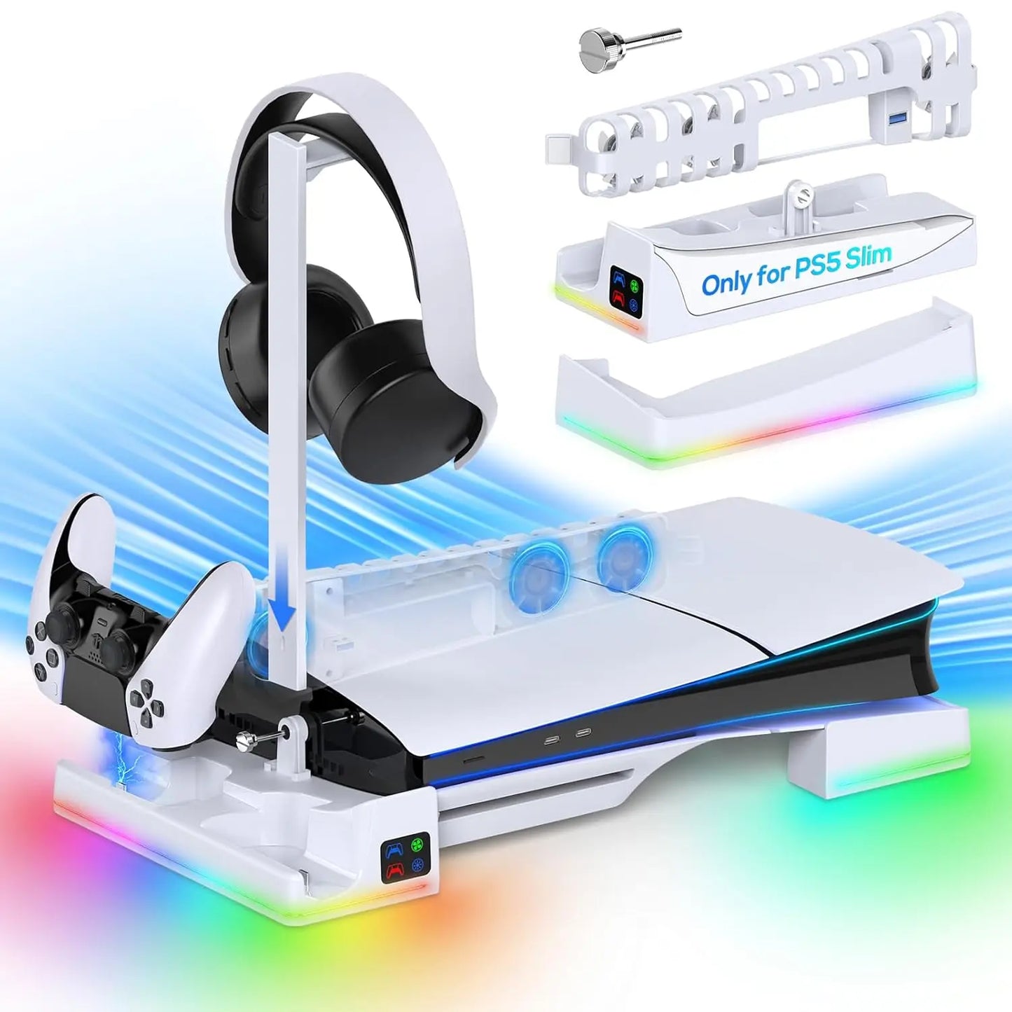 PS5 Slim Cooling Station – Dual Controller Charger, RGB Effects & Headset Holder
