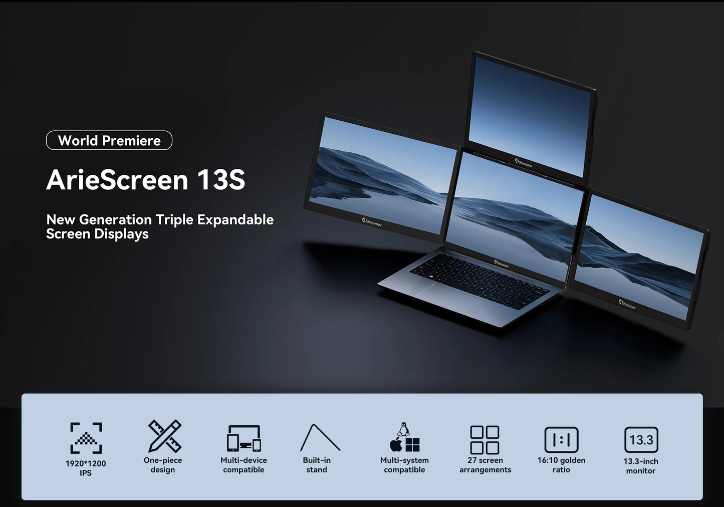ArieScreen 13S Pro Portable Triple Screen Monitor – 14″ IPS, Type-C, 1920×1280