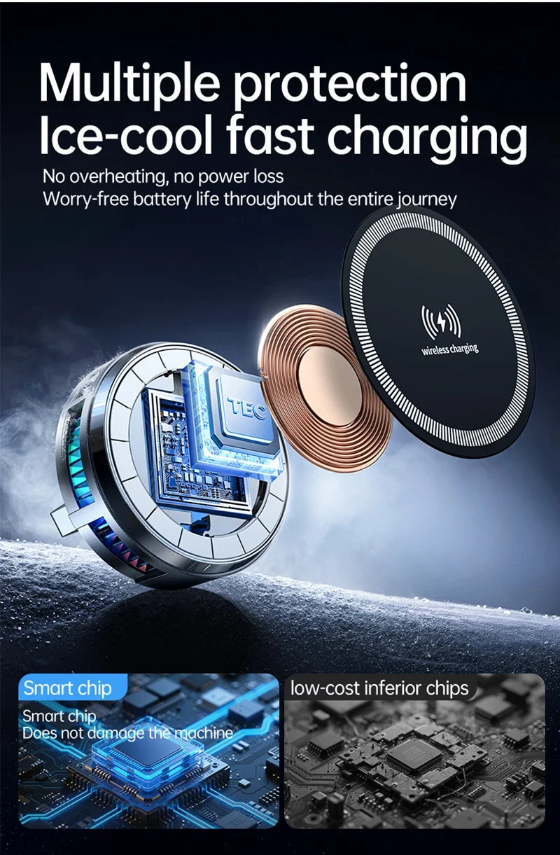 15W Magnetic Wireless Charger Car Mount with Semiconductor Cooling & RGB