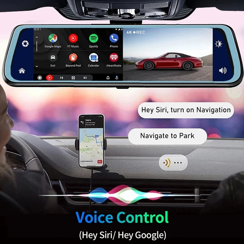10″ 4K Car DVR Touch Screen with Wireless CarPlay & Android Auto – Front & Rear Dash Cam