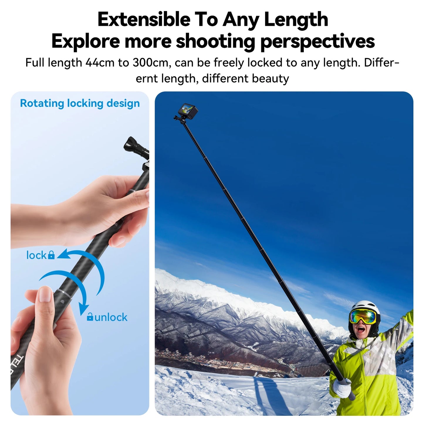 Carbon Fiber Selfie Stick 3m – Lightweight Extendable Pole for GoPro & Action Cameras