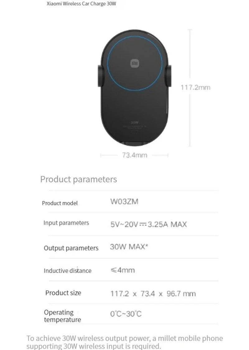 Xiaomi 30W Wireless Car Charger – Smart Auto-Clamp Fast Charging Phone Holder