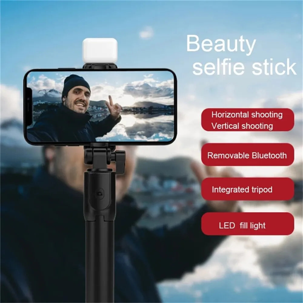 Compact Selfie Stick Tripod – Stainless Steel, Fill Light & Bluetooth Control