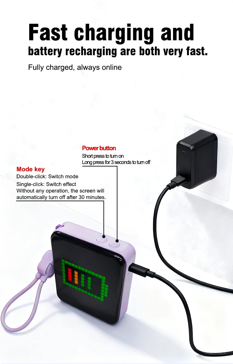 Pixel Display Power Bank 5000mAh – RGB Bluetooth Screen USB-C Fast Charger with LED Light