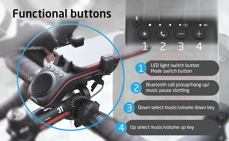 UPPEL M208 4-in-1 Bike Phone Mount with Bluetooth Speaker, LED Headlight & Horn – 5000mAh Rechargeable Handlebar Holder
