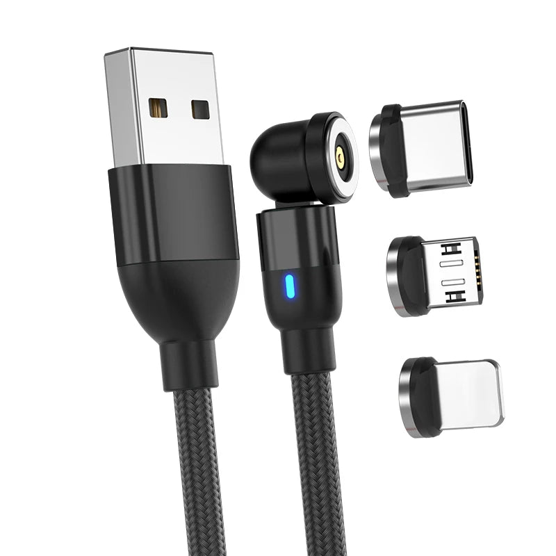 540° Rotating Magnetic Charging Cable | 3-in-1 USB-A to Type-C / Micro USB / Lightning