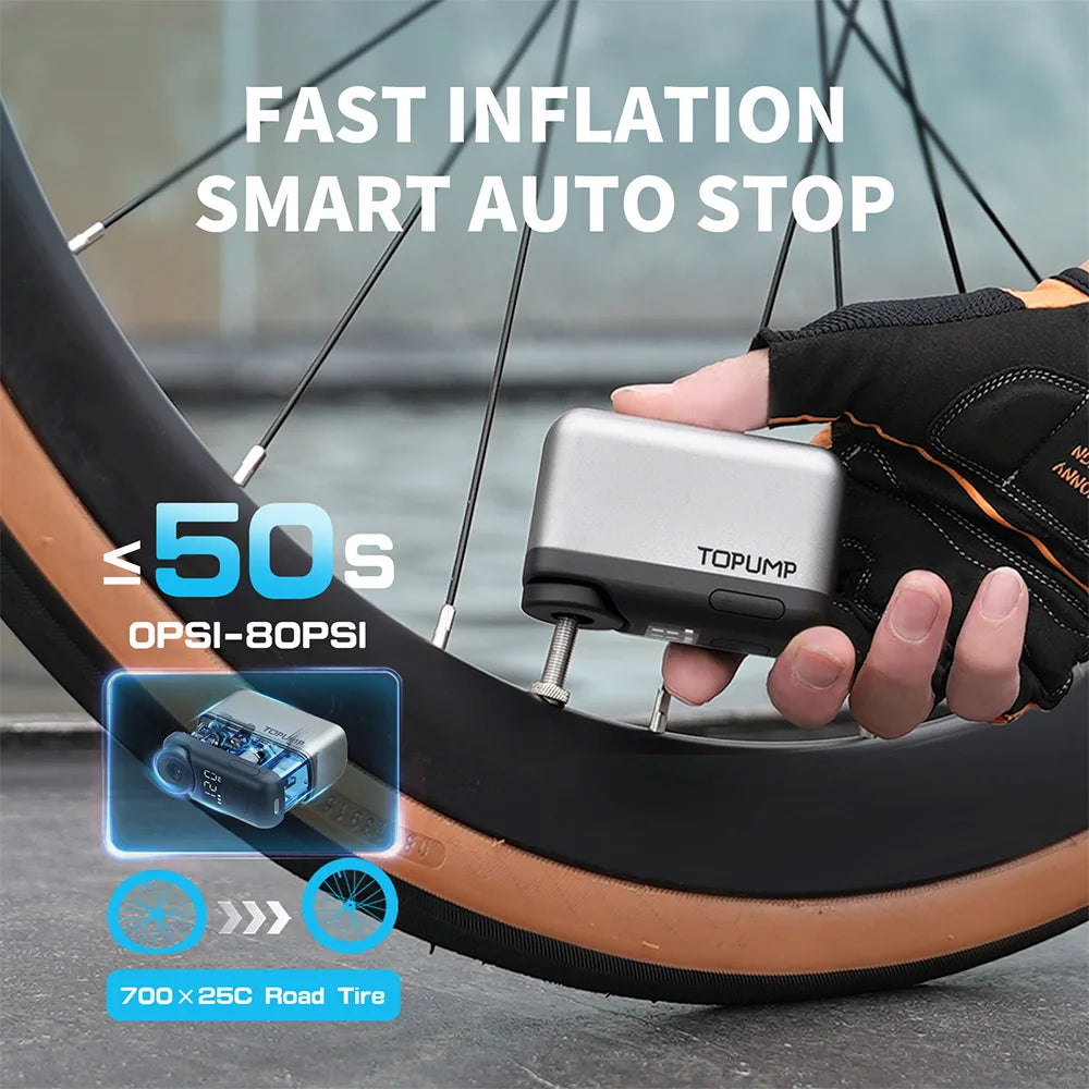 TOPUMP Mini Electric Bike Tire Inflator 110PSI Cordless Air Pump with Digital Display & Memory Pressure Setting
