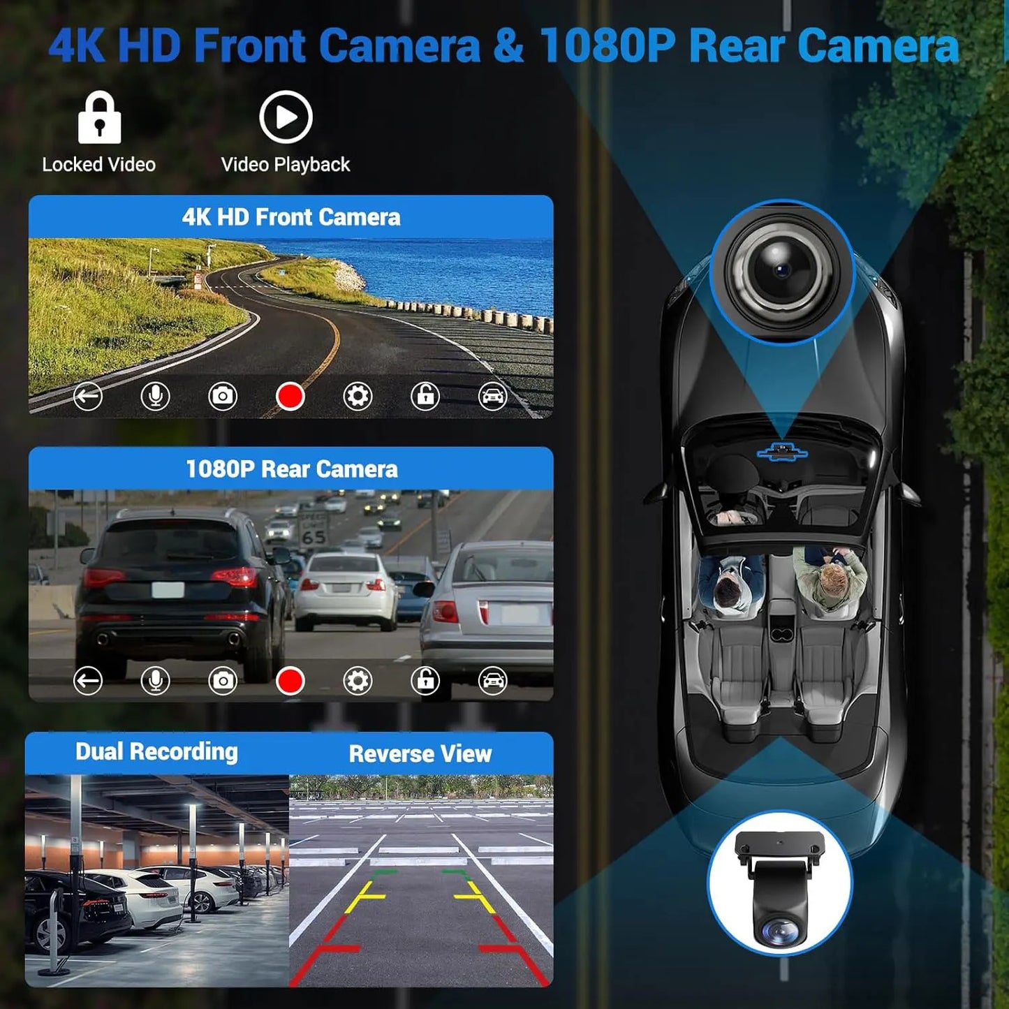 11.26″ 4K Dashboard Dash Cam – Wireless CarPlay & Android Auto, Dual Camera DVR with GPS