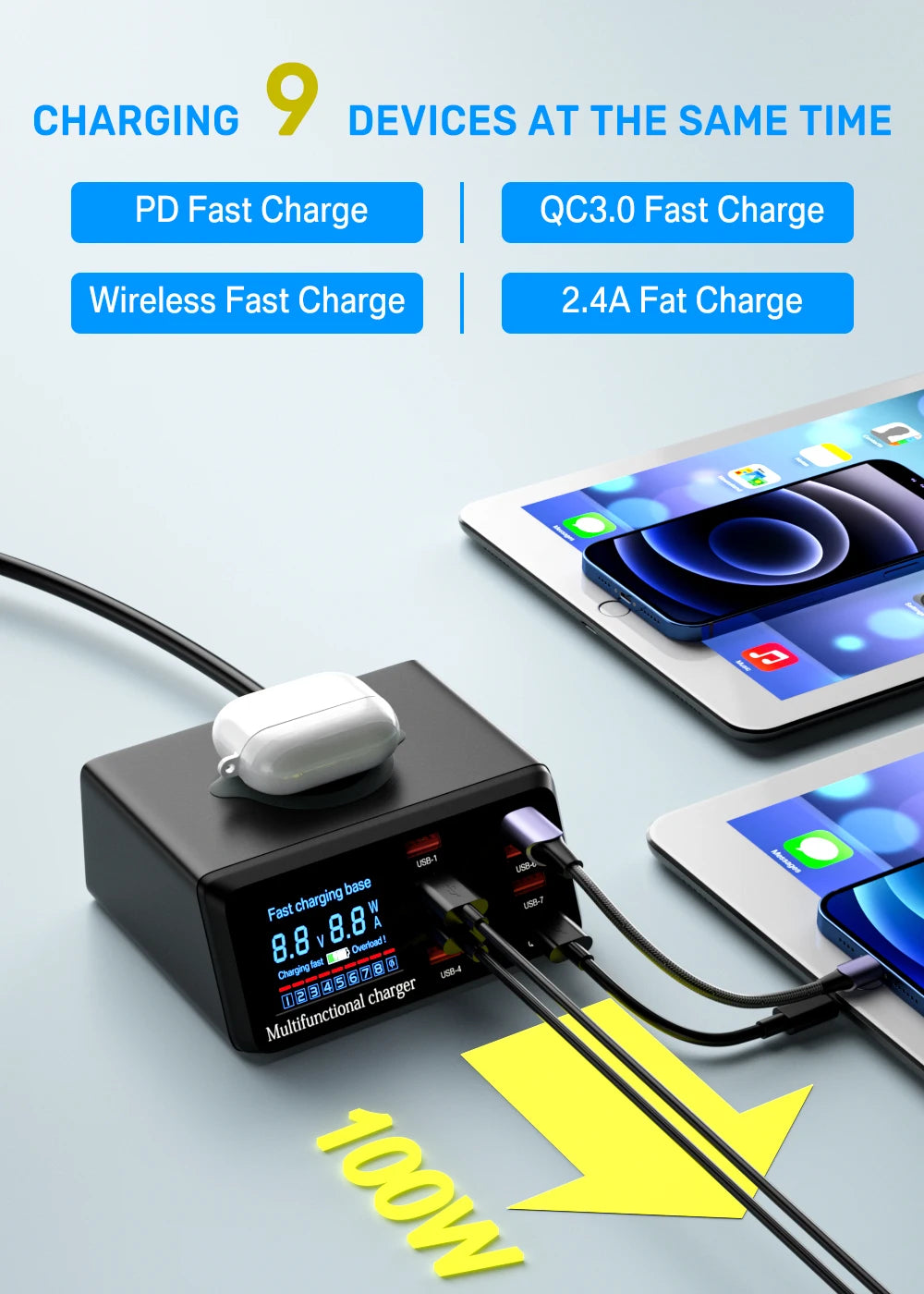 100W USB-C PD Desktop Charging Station with Wireless Charging & Display