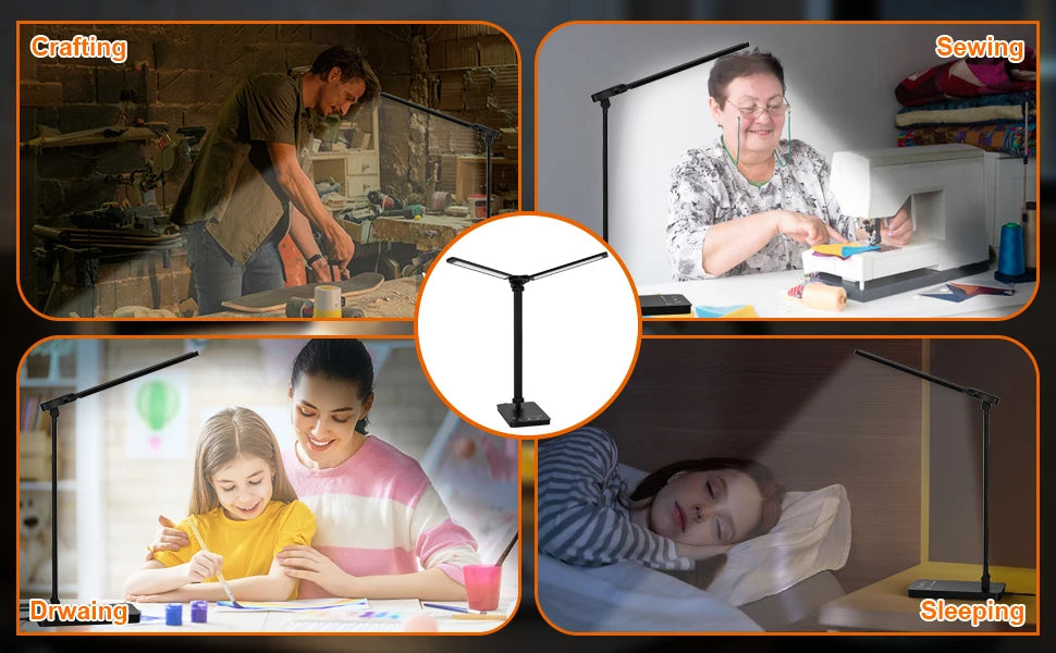 Double-Head LED Desk Lamp with USB Charging | Eye-Care Touch Control, 50 Lighting Modes