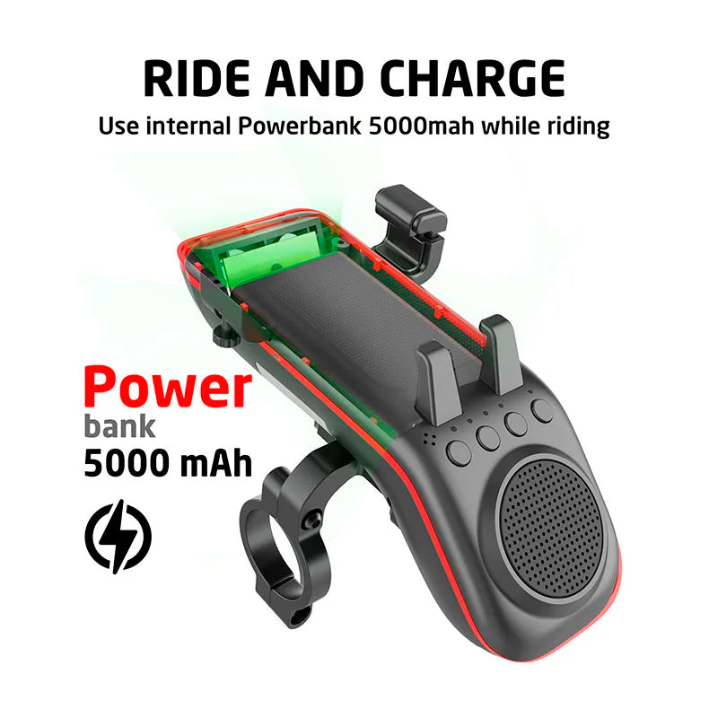 UPPEL M208 4-in-1 Bike Phone Mount with Bluetooth Speaker, LED Headlight & Horn – 5000mAh Rechargeable Handlebar Holder
