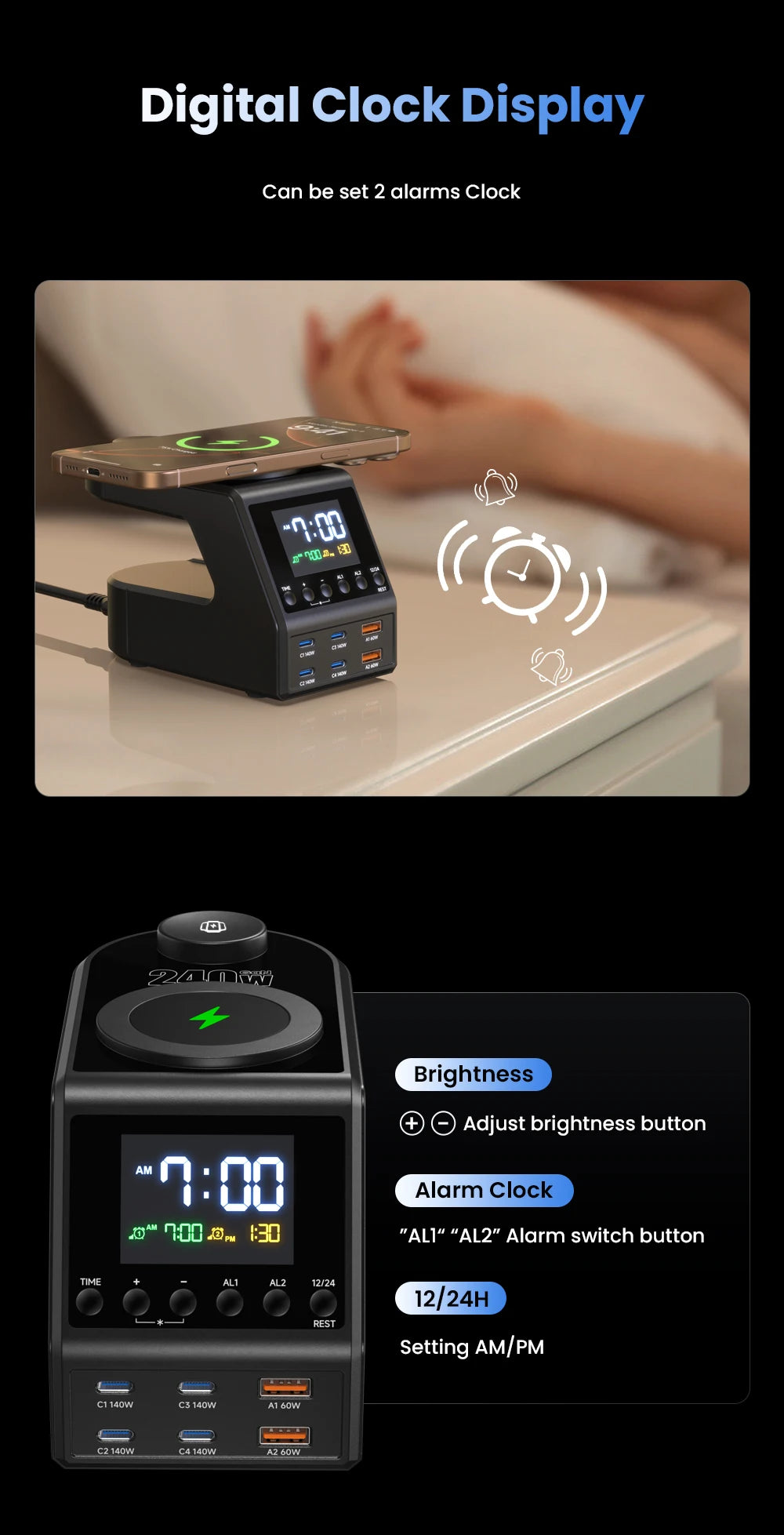 240W Smart GaN Charger Station – 6 USB Ports + Wireless & Alarm Clock