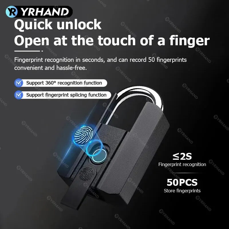 YRHAND 916 Smart Fingerprint Padlock – TTLock Bluetooth App, IP66 Keyless Security