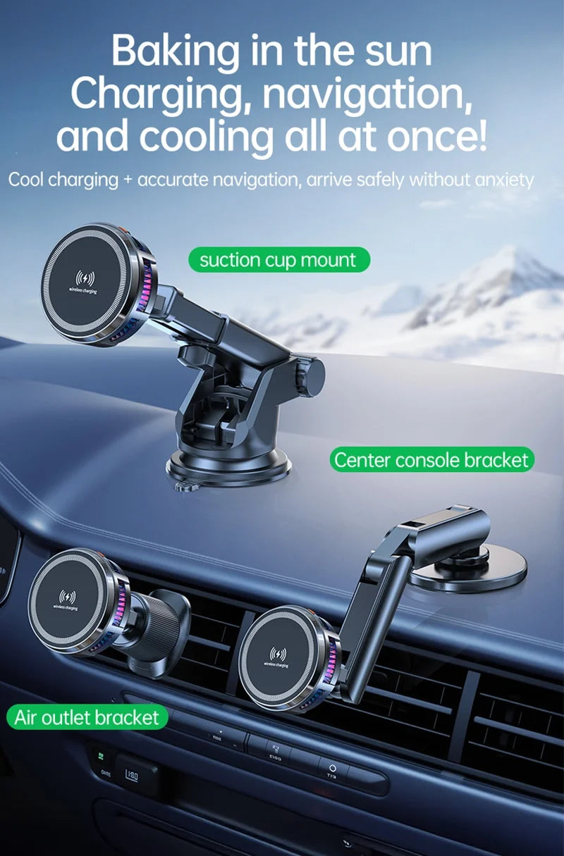 15W Magnetic Wireless Charger Car Mount with Semiconductor Cooling & RGB