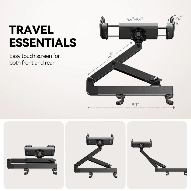 Car Headrest Tablet Holder – Foldable 360° Adjustable Backseat Mount