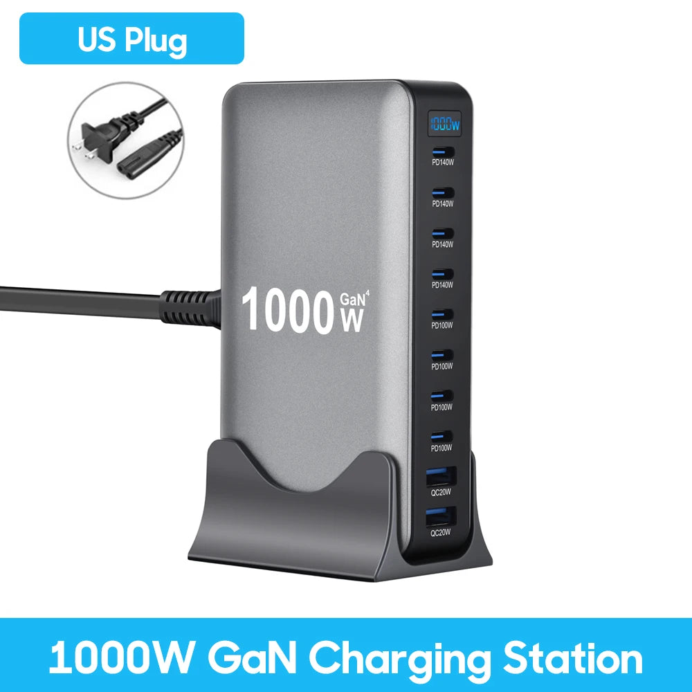 Ultra-Power 1000W GaN Desktop Charger – 10-Port Fast Charging Station