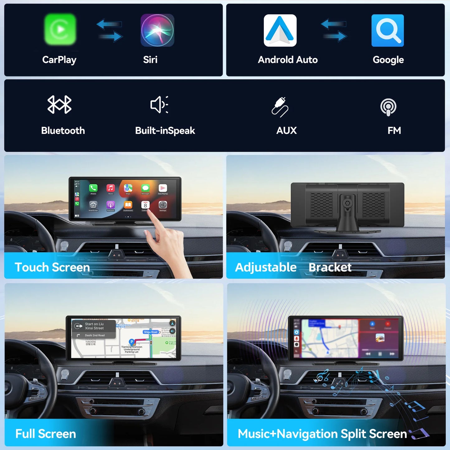 Pionray 10.26” Portable Wireless CarPlay & Android Auto Screen with Dual Camera Support