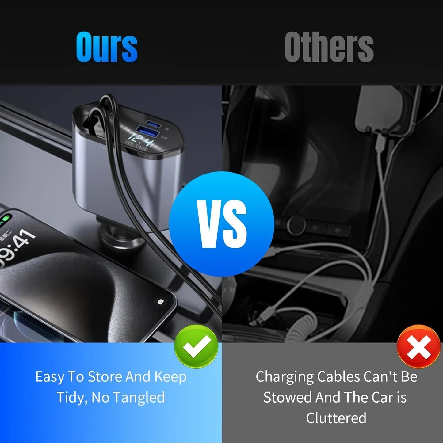 4-in-1 Retractable Car Charger with Starry Sky Ambient Light – USB-C Fast Charging & Dual Built-In Cables (12–24V Universal)