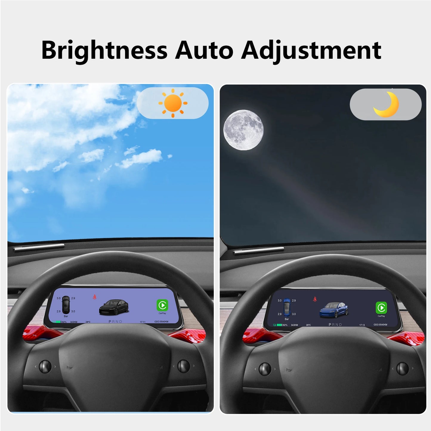Onlysay 9.66″ Tesla Instrument Cluster Display for Model 3 & Model Y – Wireless CarPlay & Android Auto, Blind Spot Warning, OTA Updates