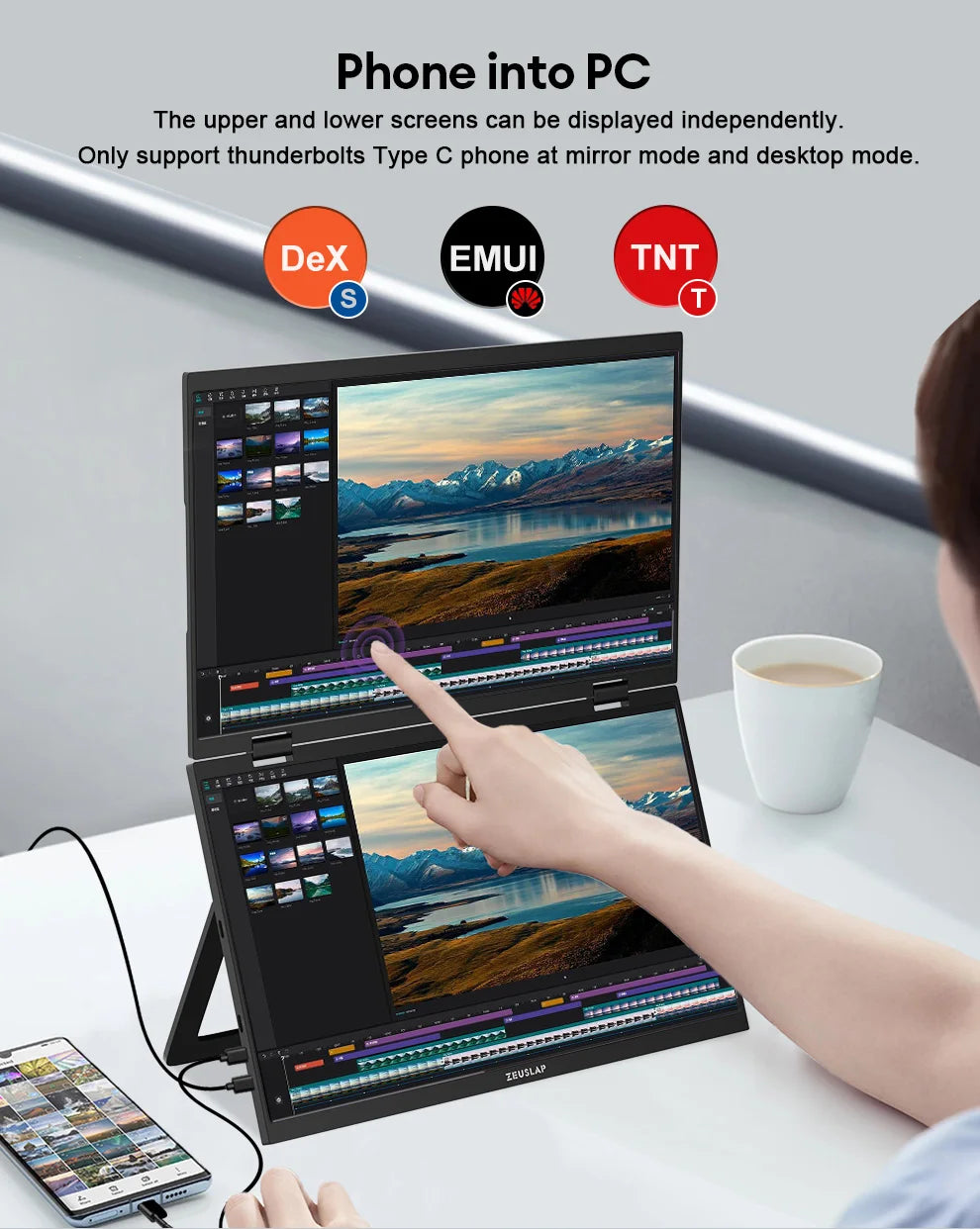 ZEUSLAP Z15WT 15.6″ Dual Touch Portable Monitor | Foldable Laptop Screen Extender | FHD IPS HDR10 | Thunderbolt USB-C
