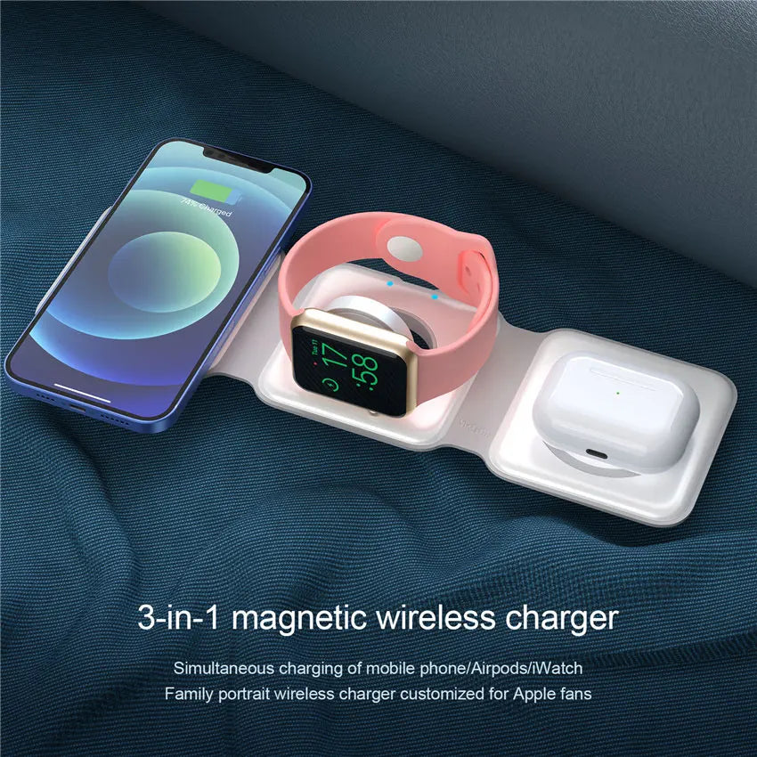 VIKEFON 3-in-1 Magnetic Wireless Charger 15W | Foldable Fast Charging Stand for iPhone, Apple Watch & AirPods