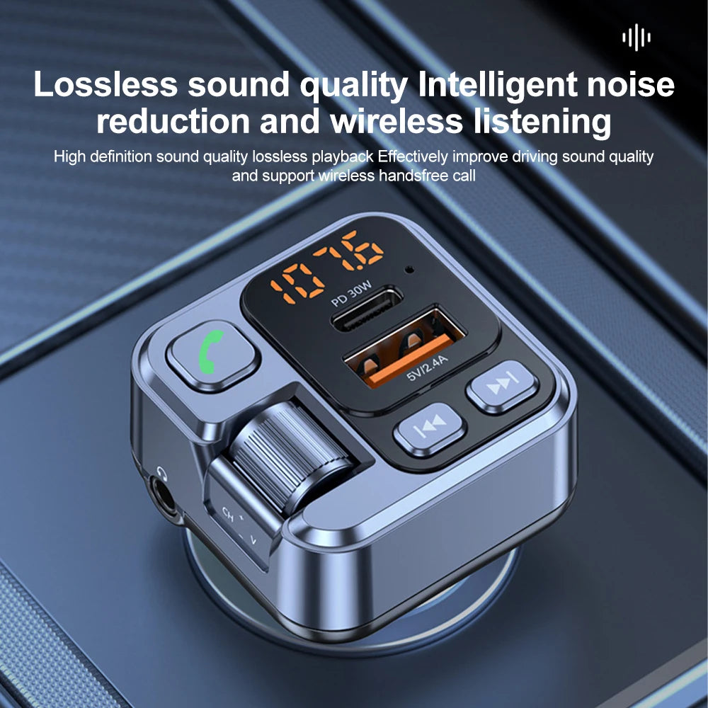 Q28 Bluetooth 5.1 FM Transmitter Car Charger | Dual USB & Type-C Fast Charging with Voltage Display