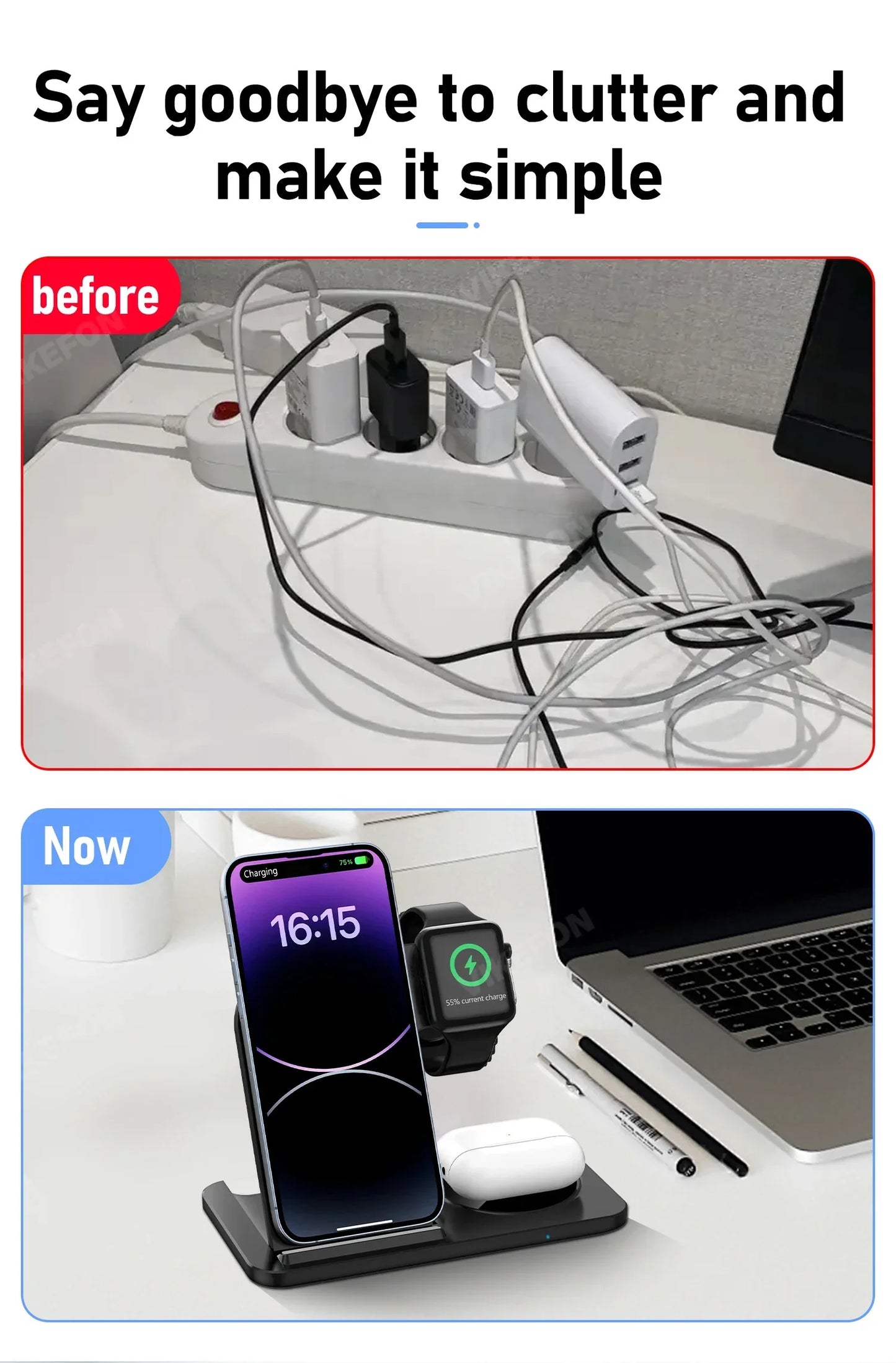 3-in-1 Foldable Fast Wireless Charger for iPhone, Watch & AirPods