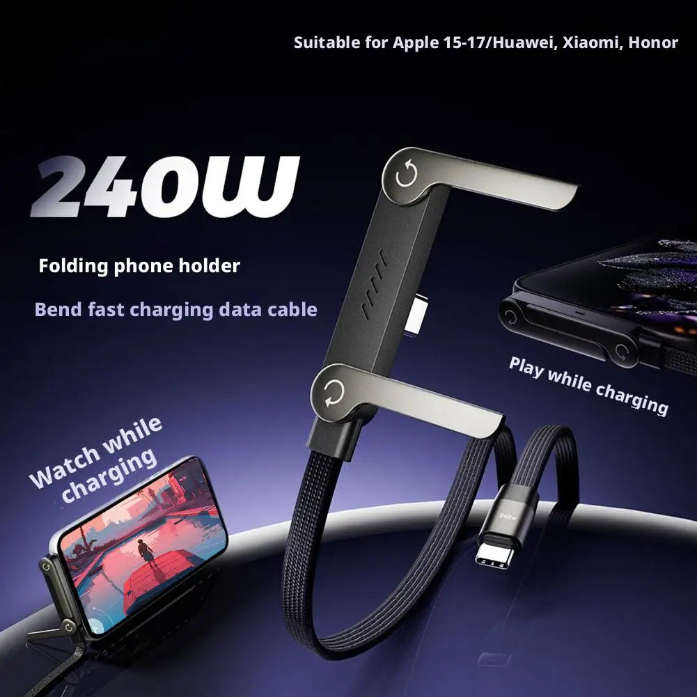 240W USB-C Fast Charging Cable with Built-In Phone Stand – 90° Angled Type-C