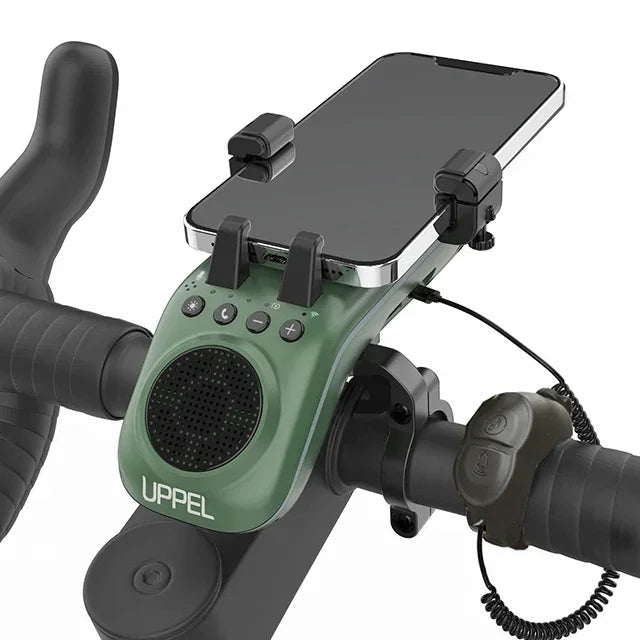 UPPEL M208 4-in-1 Bike Phone Mount with Bluetooth Speaker, LED Headlight & Horn – 5000mAh Rechargeable Handlebar Holder