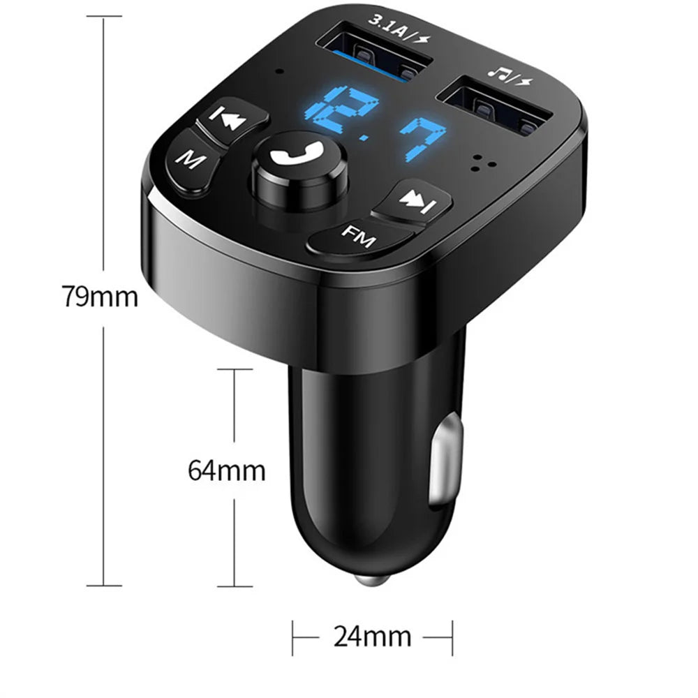 Bluetooth 5.0 Car FM Transmitter with Dual USB Fast Charging, Hands-Free Calls & LED Voltage Display (12V–24V)