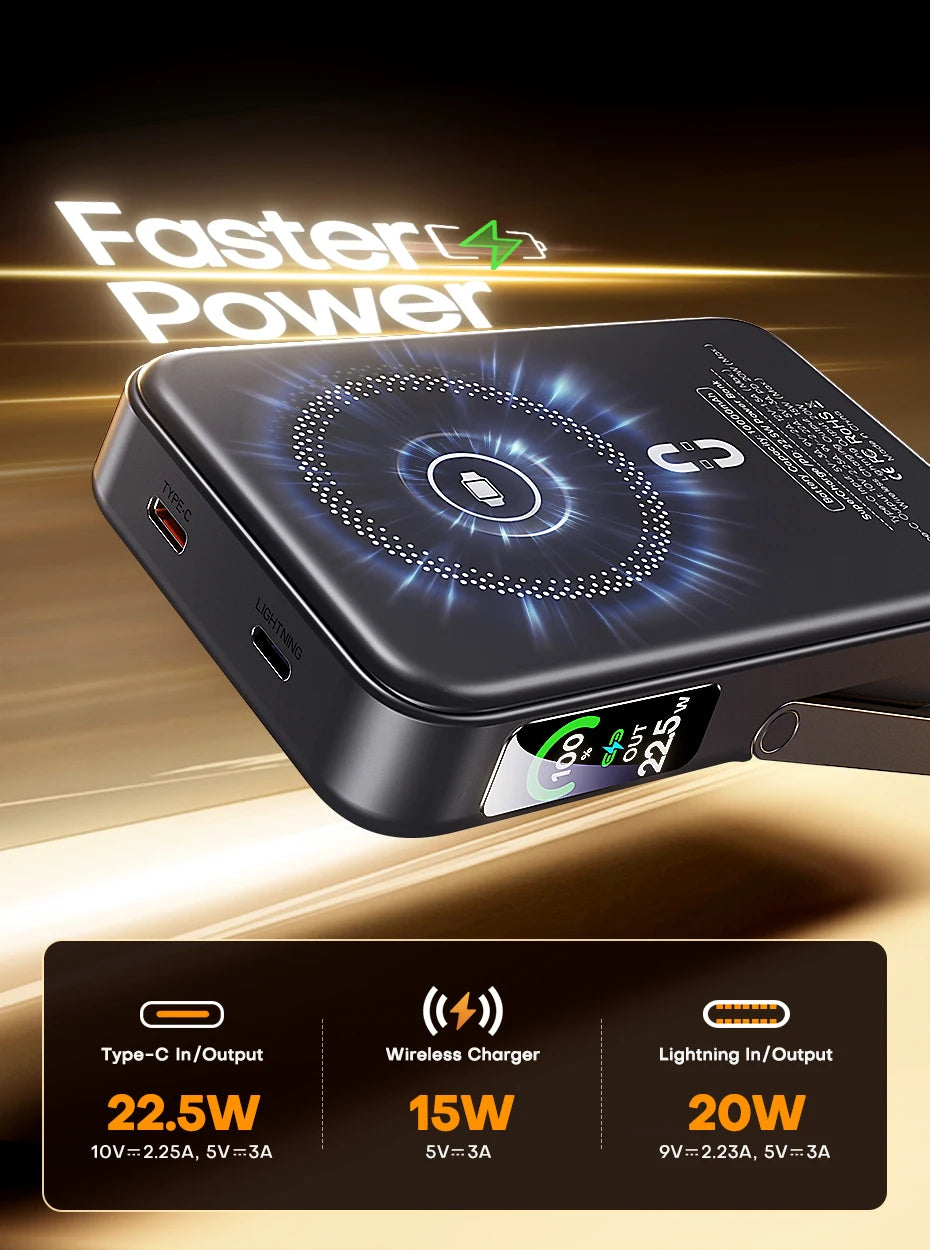 10000mAh Wireless Power Bank – 3-in-1 Magnetic Charger with TFT Display & Stand