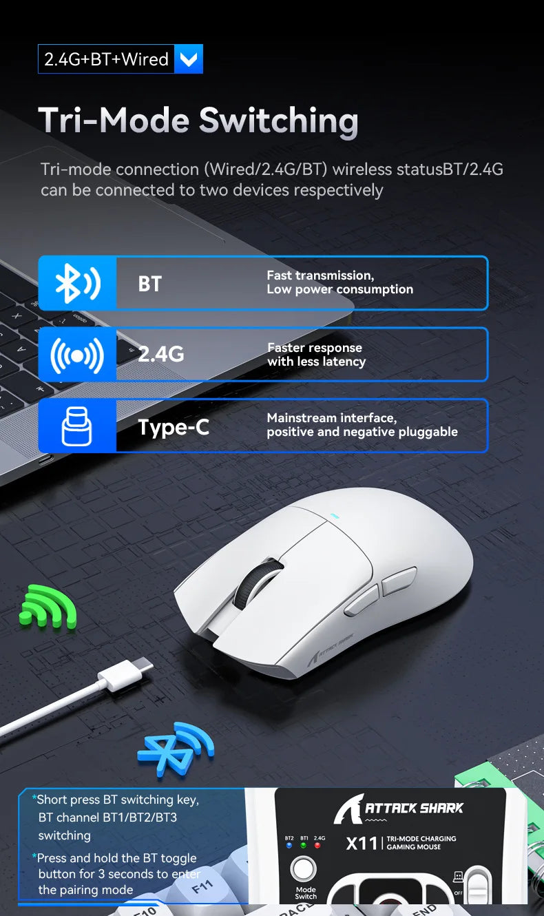Attack Shark X11 Triple-Mode Wireless Gaming Mouse – PAW3395, 22,000 DPI, Magnetic Charging Dock