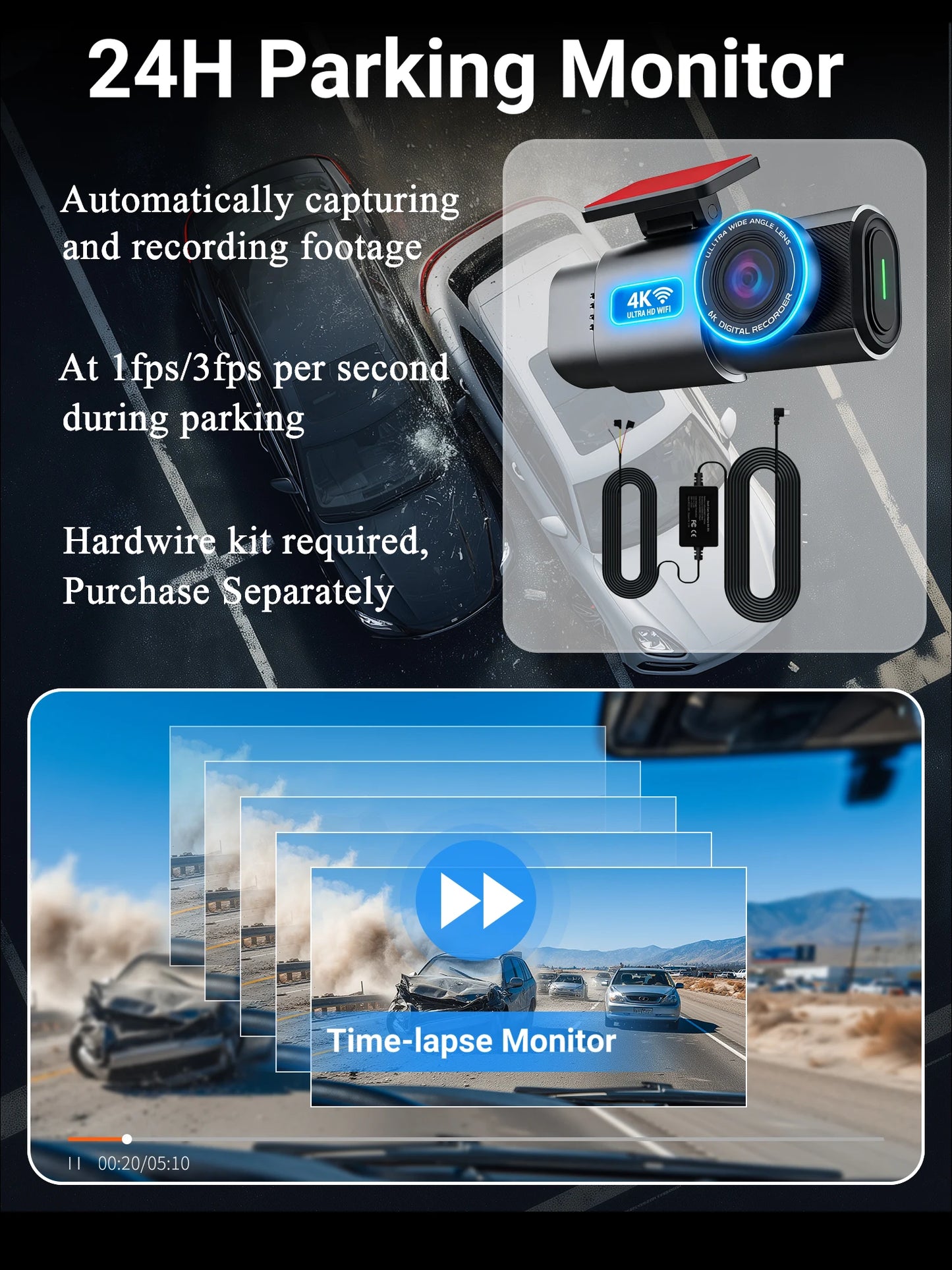 GMAIPOP 4K Dash Cam with GPS – Front & Rear Car DVR, WiFi, Night Vision & Parking Monitor