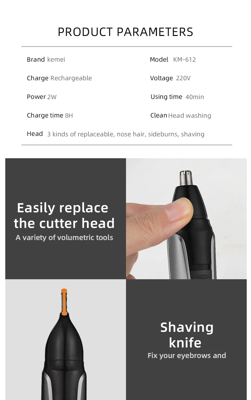 Kemei KM-312 Nose, Beard & Eyebrow Trimmer – Compact Rechargeable Groomer