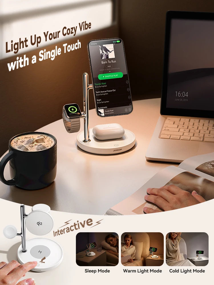 JOYROOM Qi2 4-in-1 Wireless Charging Station – 15W Fast MagSafe Charger with Night Lamp