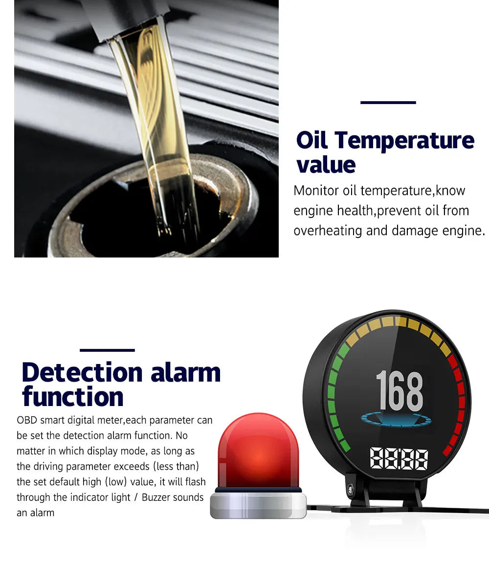 P15 OBD Smart Head-Up Display – Digital Speedometer, RPM, Water & Oil Temperature, Turbo Pressure, OBD2 Multi-Function HUD