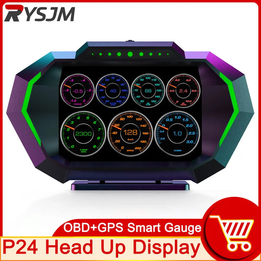 RYSJM P24 OBD + GPS Car Head-Up Display – Digital Speedometer HUD with Fuel Consumption, RPM & Alarm Alerts (EU OBD Plug & Play)