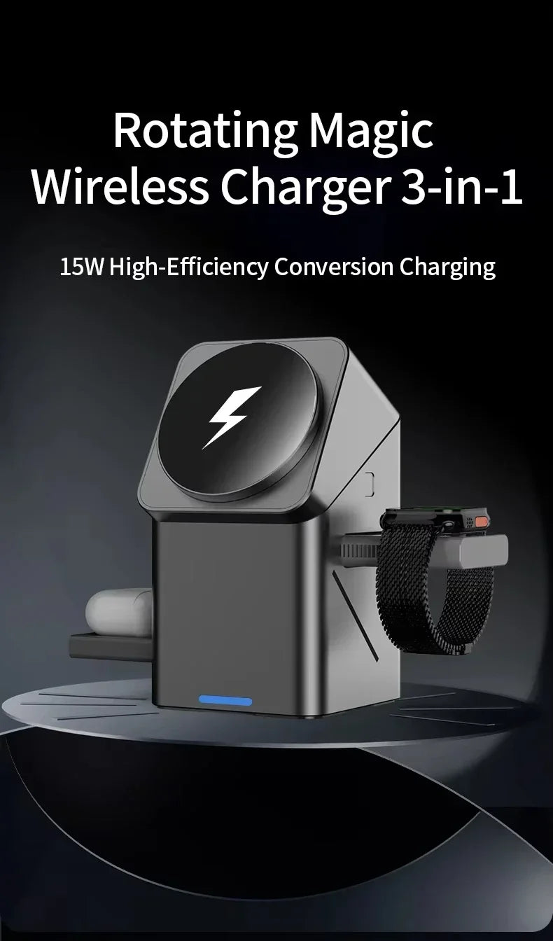 3-in-1 Automatic Magnetic Wireless Charging Stand – iPhone, Watch & AirPods