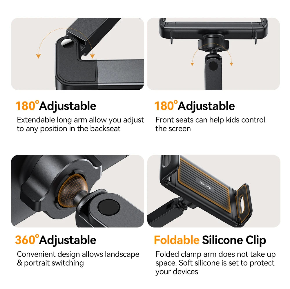 Car Headrest Tablet Holder – Foldable 360° Adjustable Backseat Mount