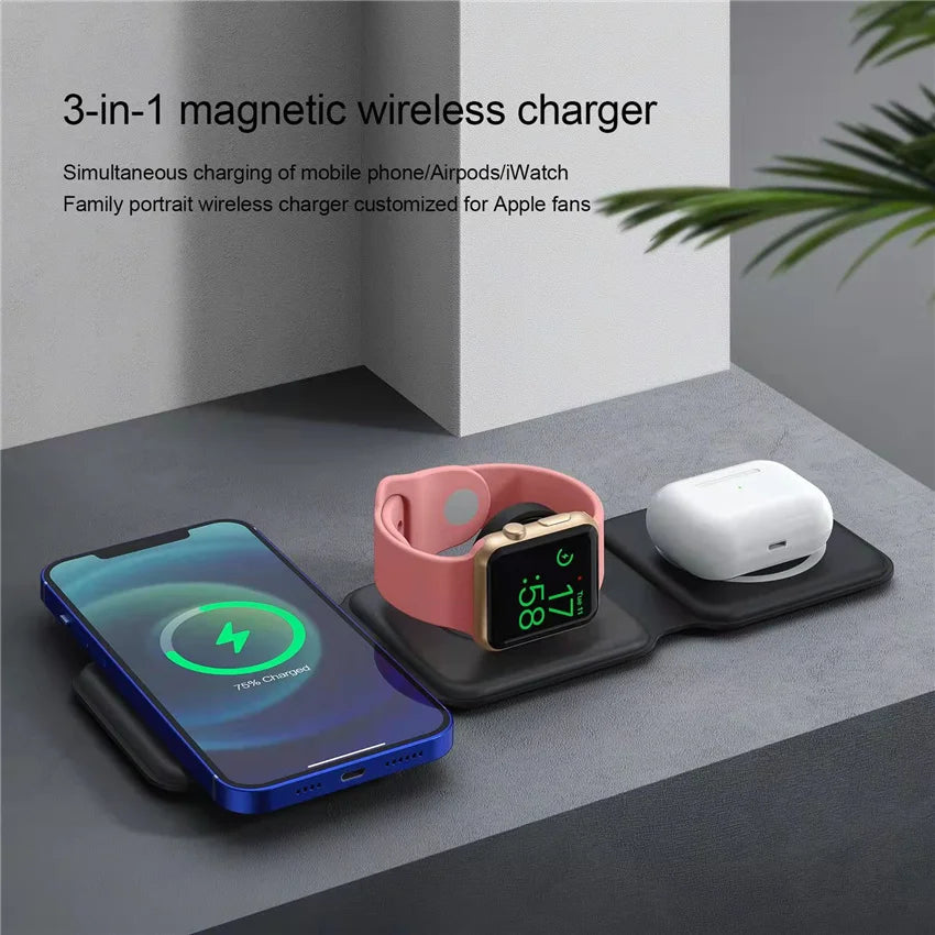 VIKEFON 3-in-1 Magnetic Wireless Charger 15W | Foldable Fast Charging Stand for iPhone, Apple Watch & AirPods